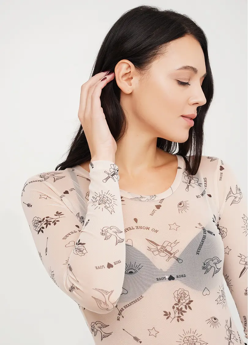 Боді з візерунком тату сітка Tatoo 3102/07 beige tatoo (бежевий)