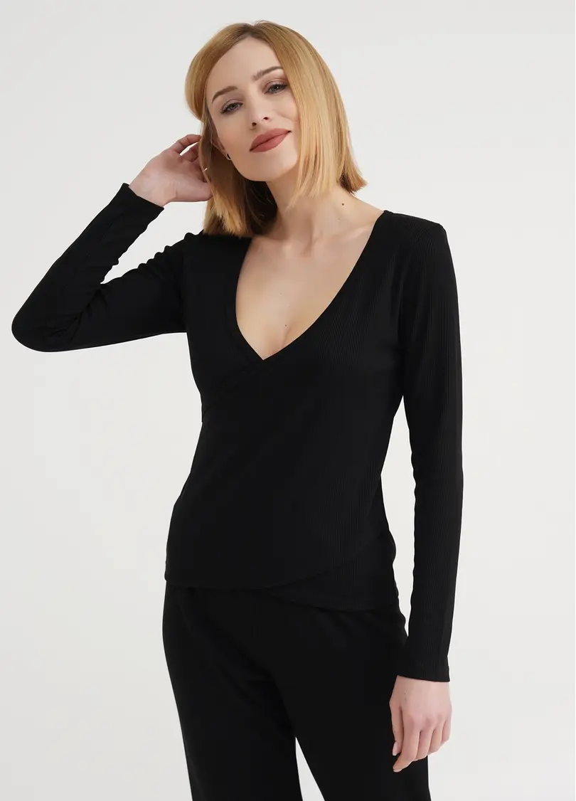 Кофта в рубчик на запах RIB 4906/010 black (чорний)