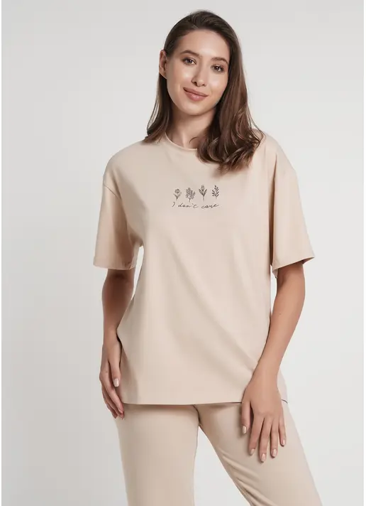 Широка футболка з принтом SPRING FLOWERS 4806/010 beige (бежевий)