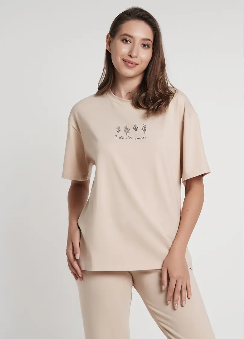 Широка футболка з принтом SPRING FLOWERS 4806/010 beige (бежевий)