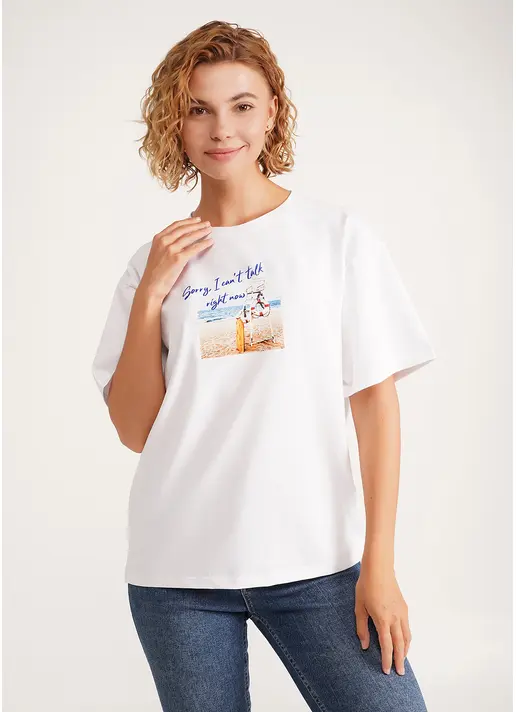 Футболка оверсайз з бавовни з принтом T-SHIRT BASIC print 4806/010 white/beach (білий)