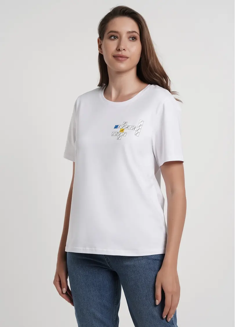 Бавовняна футболка з принтом "Love. Ukraine. Brave. Free." T-shirt print 4802/60 white/crossword (білий)