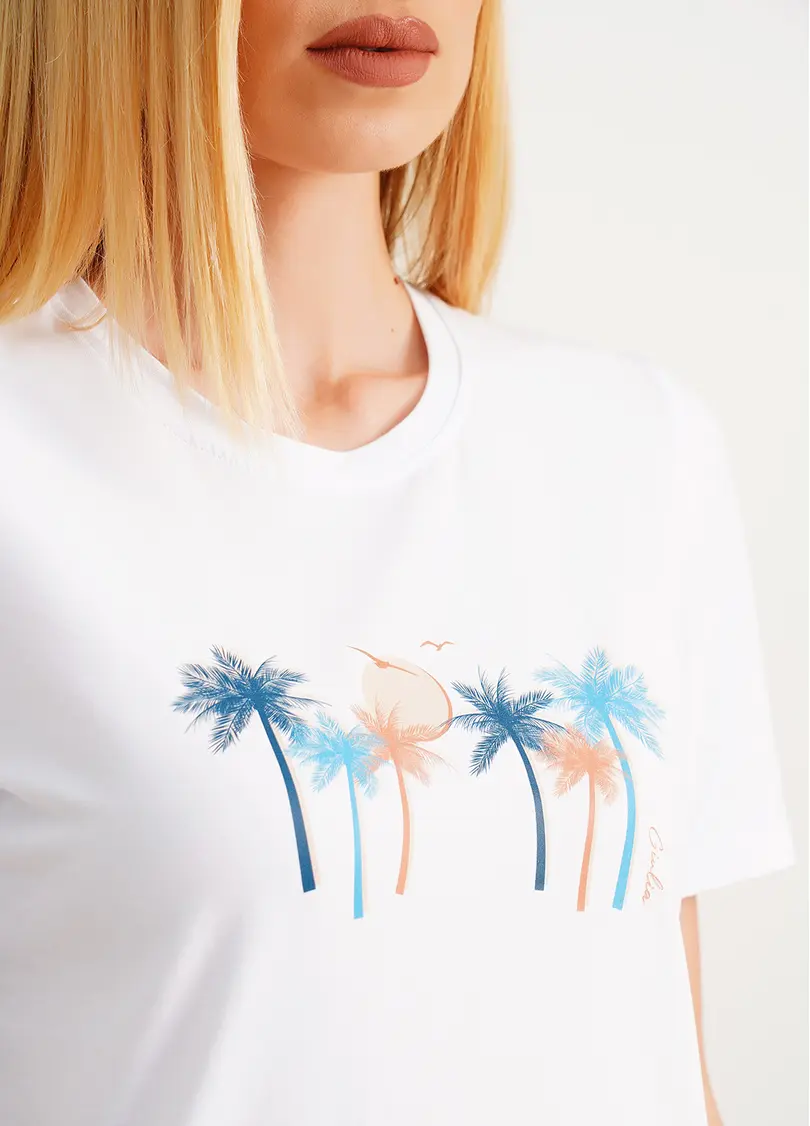 Бавовняна футболка з принтом пальми T-shirt print 4802/60 white/palm (білий)