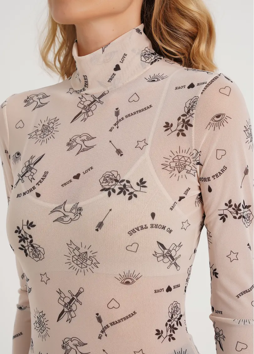 Прозора водолазка з тату з сітки Tatoo 4901/07 beige tattoo (бежевий)