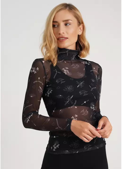 Прозора водолазка з тату з сітки Tatoo 4901/07 black tattoo (чорний)