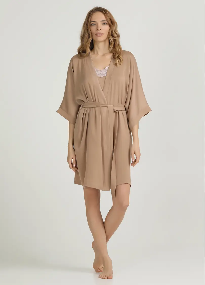 Короткий халат з жатого шовку CREME FOLD 7205/050 creamy beige (бежевий)