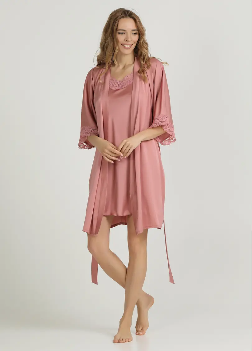 Короткий халат з мереживом HELENA 7212/051 antique rose (рожевий)