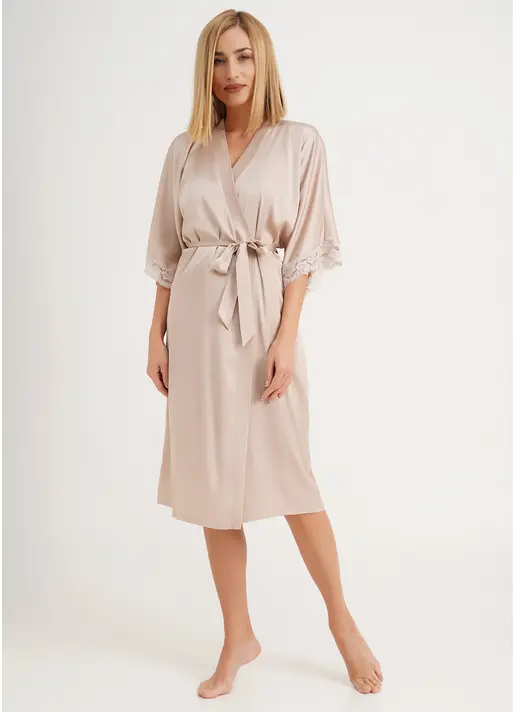 Халат шовковий з мереживом HELENA 7214/051 beige (бежевий)