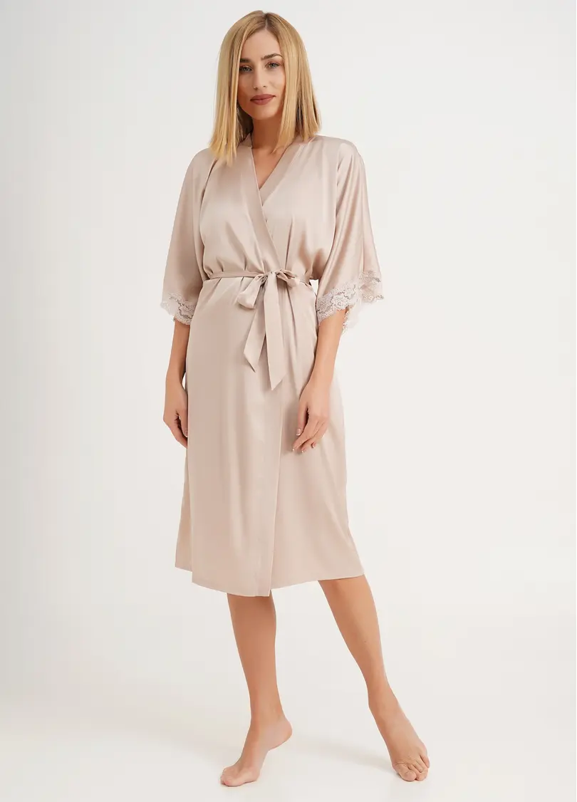 Халат шовковий з мереживом HELENA 7214/051 beige (бежевий)