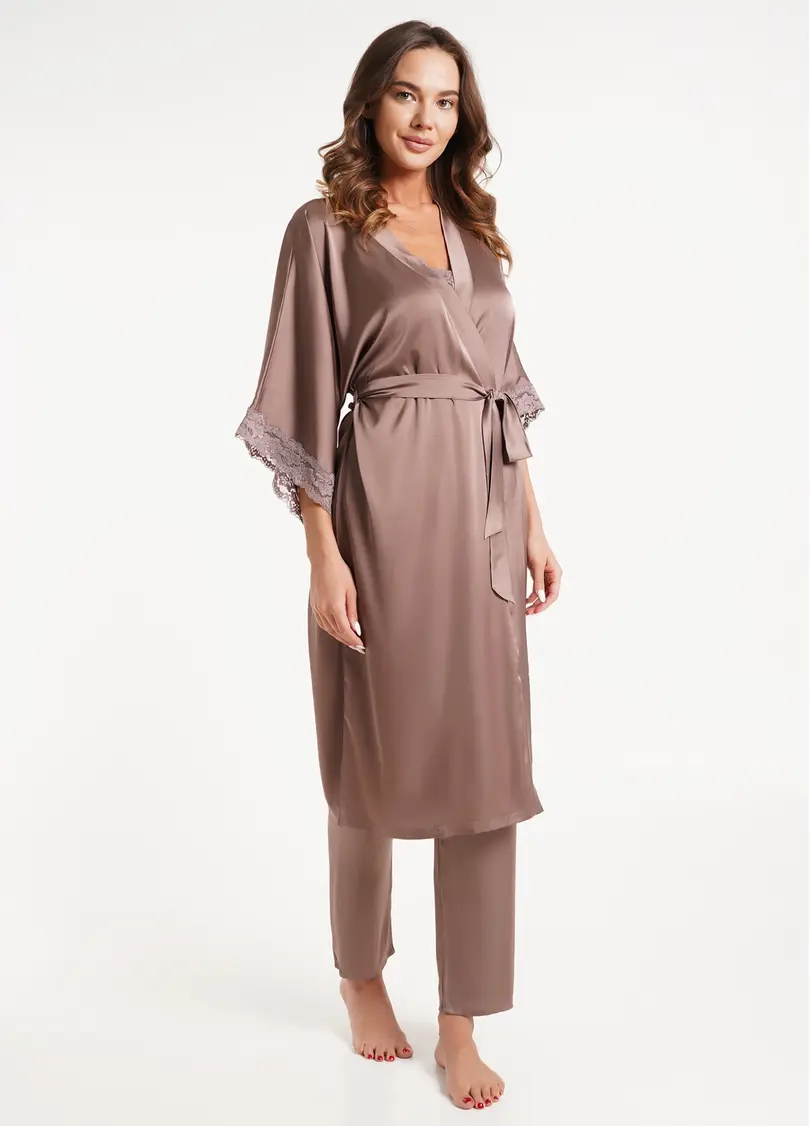 Халат шовковий з мереживом HELENA 7214/051 chocolate (коричневий)