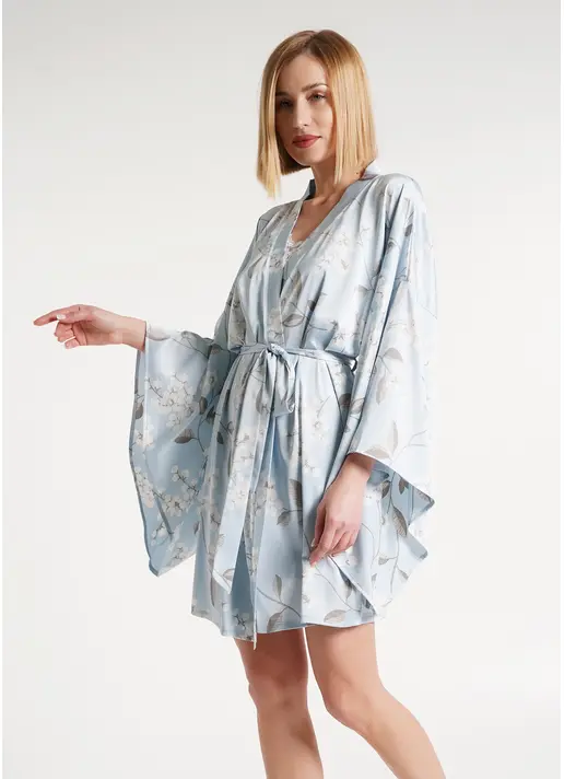 Шовковий халат-кімоно у квіти SAKURA 7326/050 blue (блакитний)