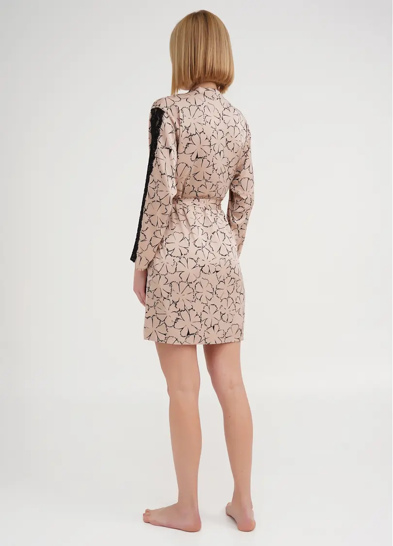 Шовковий халат у квіти з мереживом TIZIANA 7327/051 beige/black clove (бежевий)