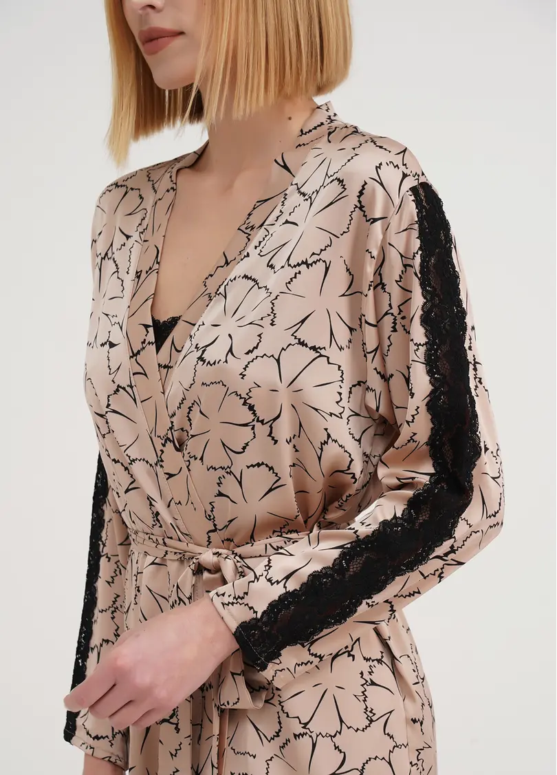 Шовковий халат у квіти з мереживом TIZIANA 7327/051 beige/black clove (бежевий)