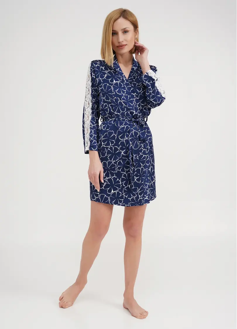 Шовковий халат у квіти з мереживом TIZIANA 7327/051 navy/white clove (синій)