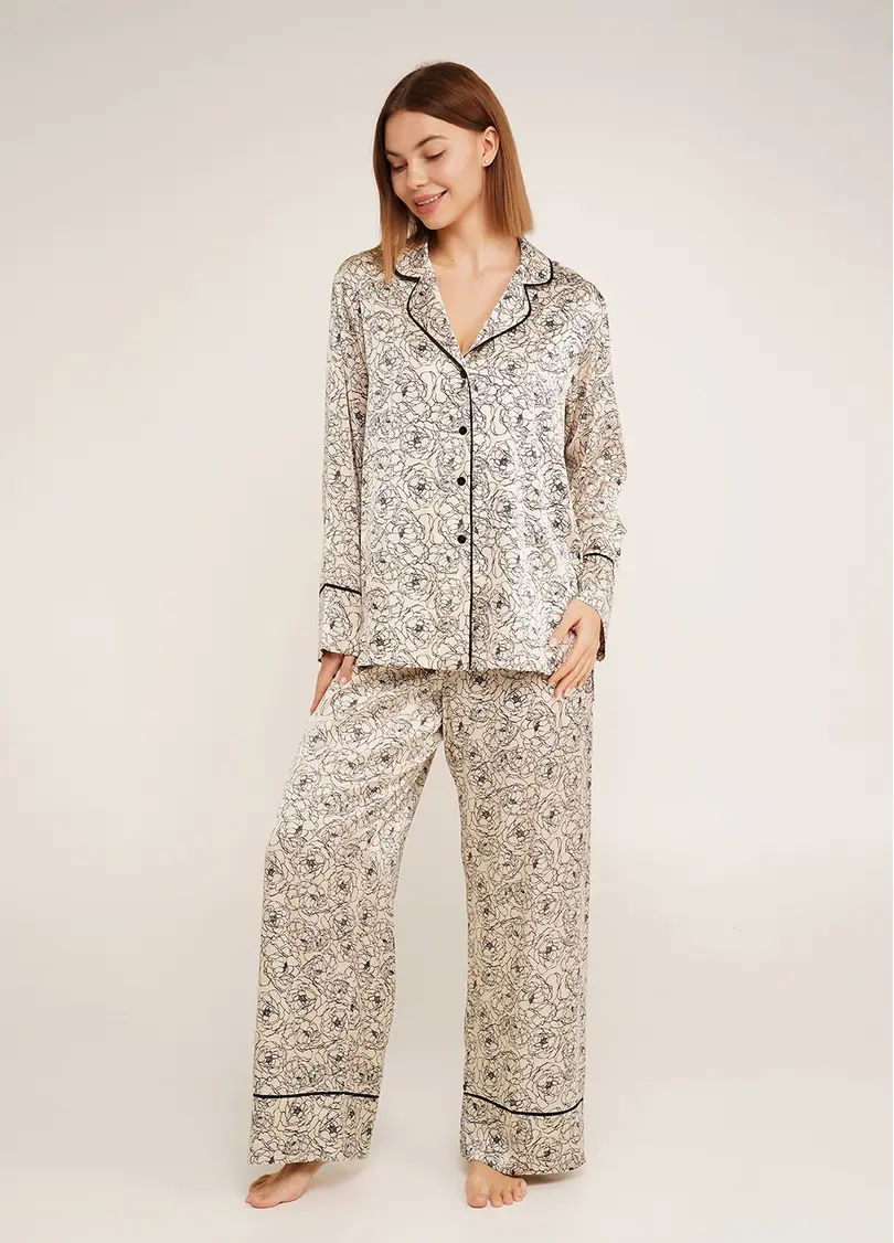 Шовкова піжама в піони BLOSSOM VEIL 5507/050 peony sketch beige (бежевий)
