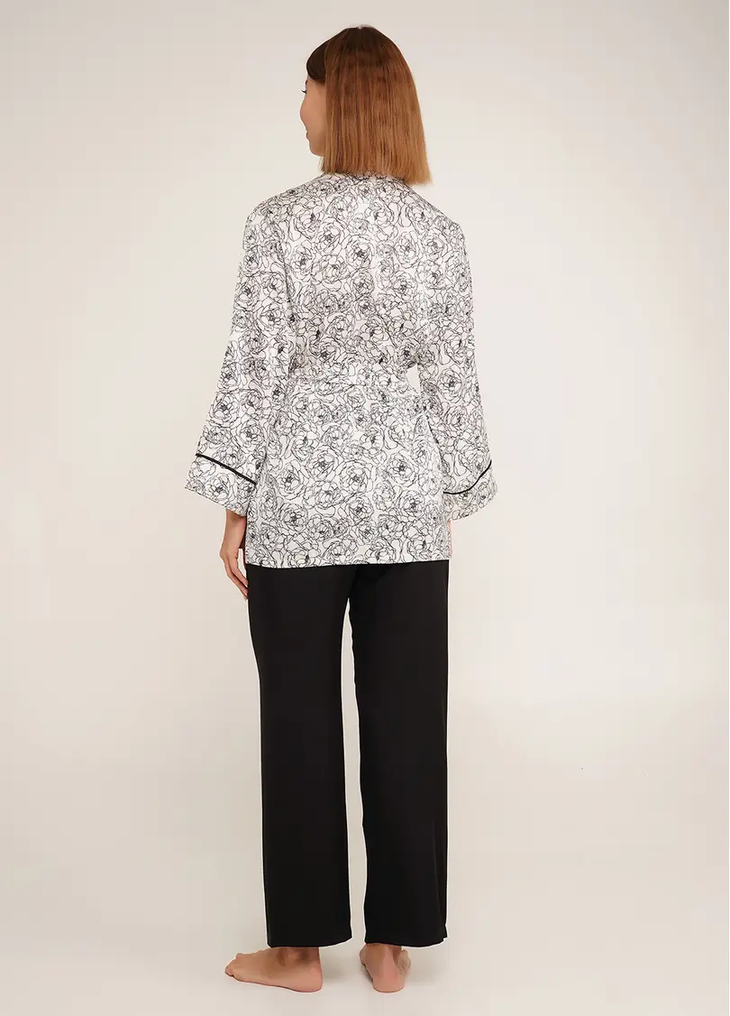 Шовкова піжама жакет та штани в піони BLOSSOM VEIL 5604/050 peony sketch white/black (білий/чорний)