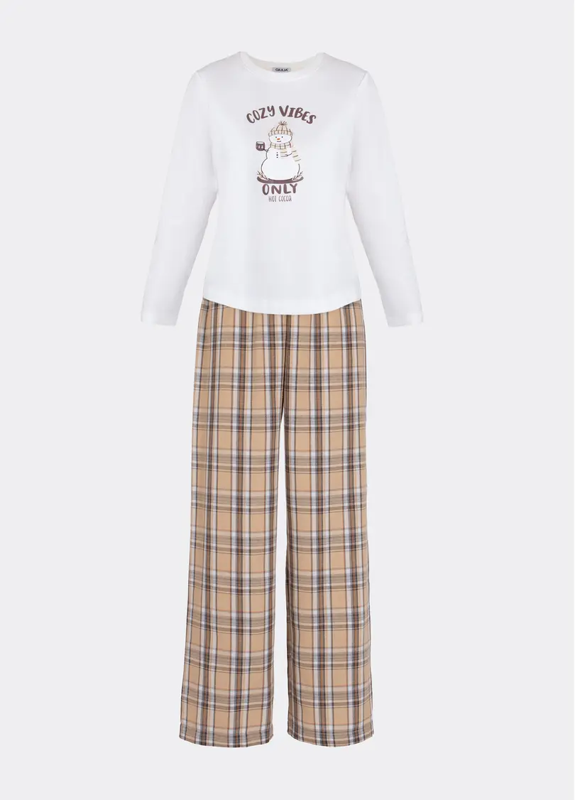 Піжамний комплект EMBERLIGHT 5344/300 milk print/caramel check (білий/коричневий)