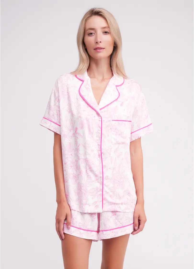Піжама з квітковим принтом FLOSSED IN FLOWERS 6405/040 white/pink floral print/magenta piping (білий/рожевий)