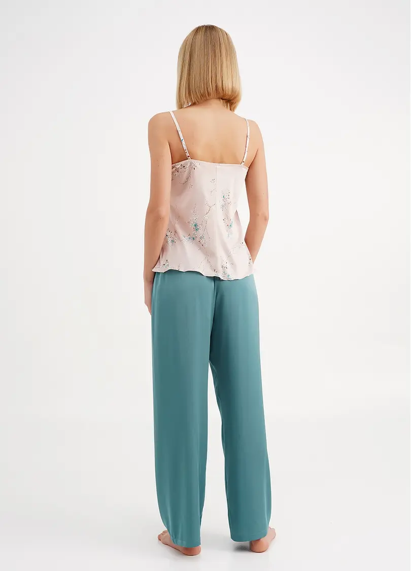 Шовкова піжама у квіти сакури SAKURA 5009/051 beige/turquoise (бежевий/блакитний)
