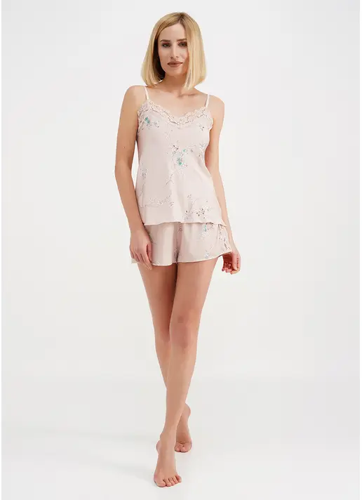 Шовкова піжама майка та шорти у квіти SAKURA 6032/051 beige (бежевий)