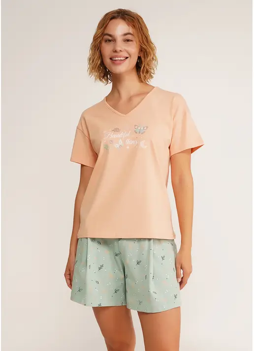 Піжама футболка та шорти SERENE GREENS 6128/010 muted mint/peach (зелений/помаранчевий)