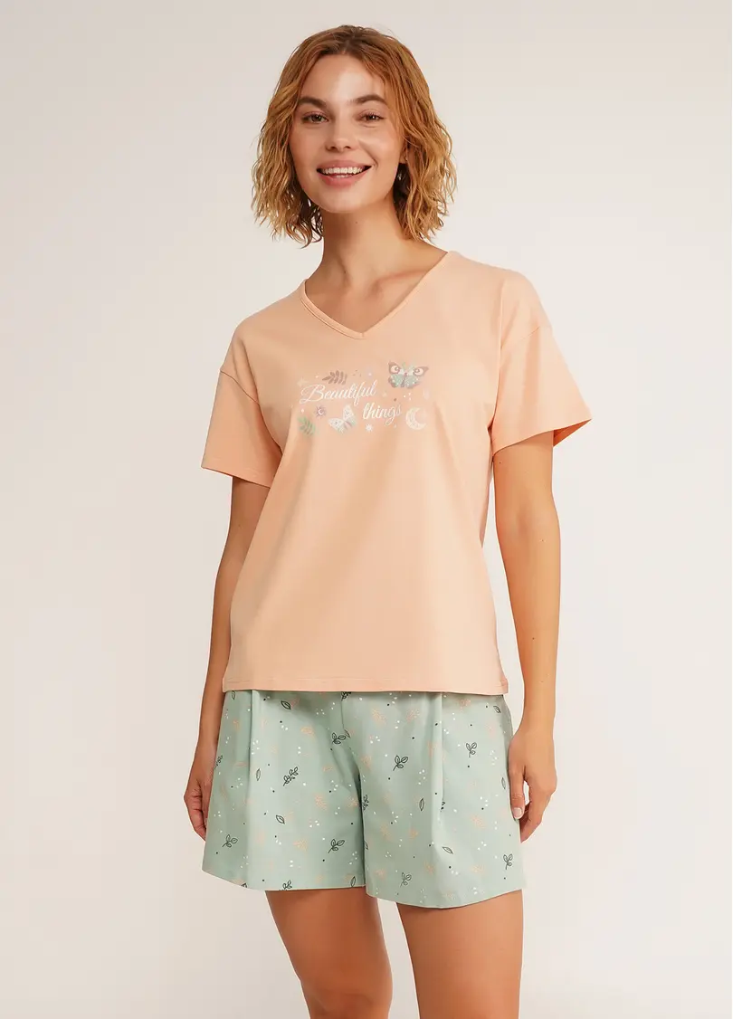 Піжама футболка та шорти SERENE GREENS 6128/010 muted mint/peach (зелений/помаранчевий)