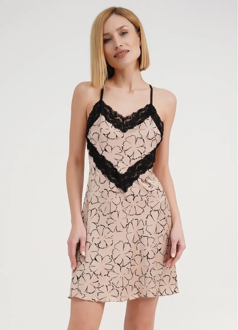 Шовкова нічна сорочка з мереживом в квіти TIZIANA 8015/051 beige/black clove (бежевий)