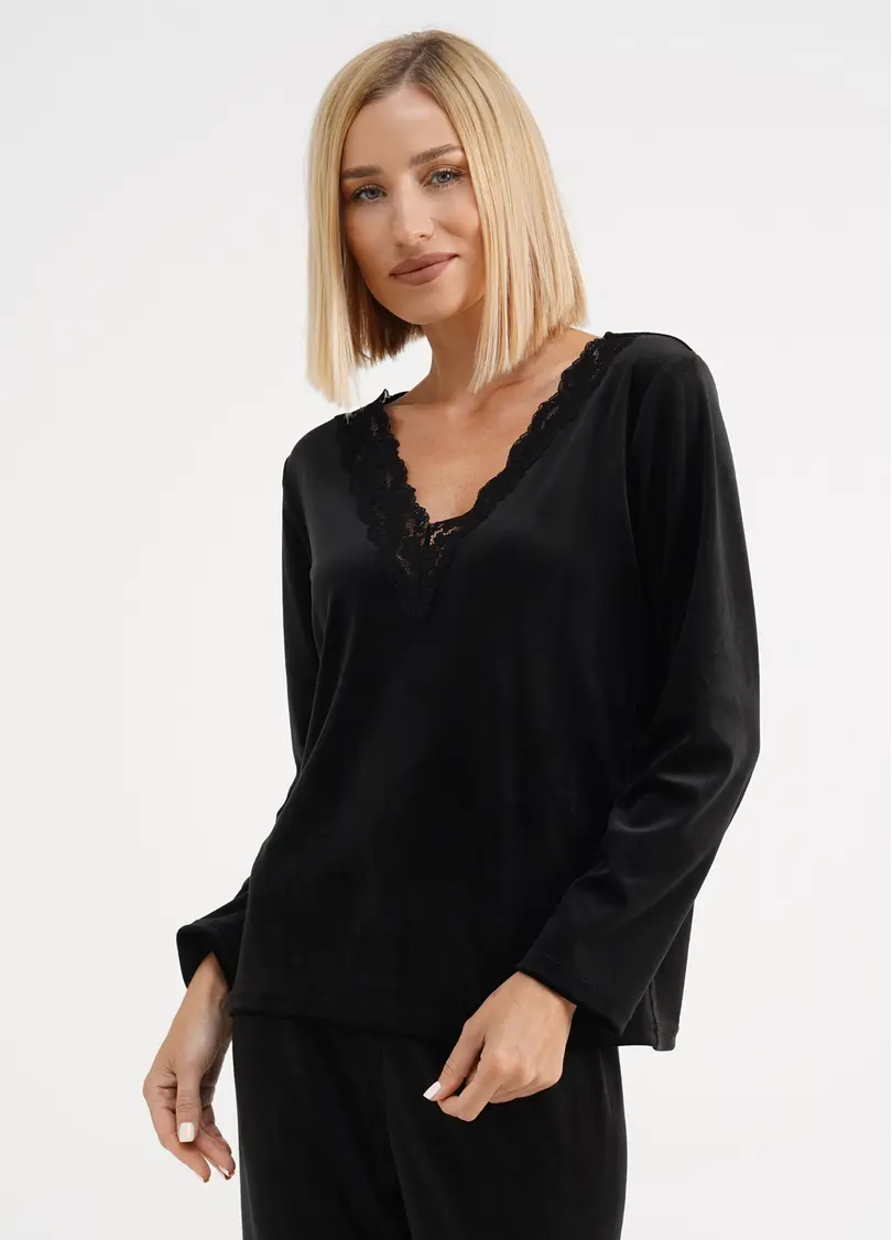 Велюровий топ з V-подібним вирізом та мереживом SOFT WINTER 4411/081 black (чорний)