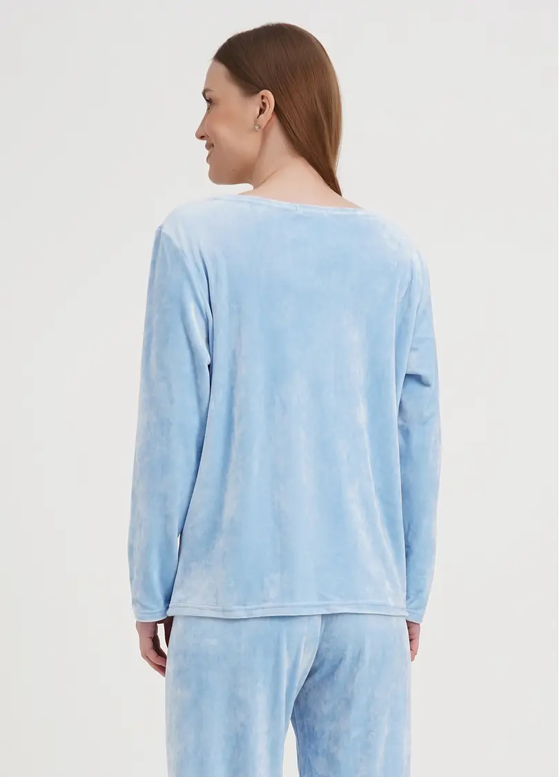 Велюровий топ з V-подібним вирізом та мереживом SOFT WINTER 4411/081 blue (блакитний)