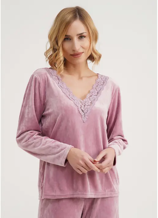 Велюровий топ з V-подібним вирізом та мереживом SOFT WINTER 4411/081 pink (рожевий)