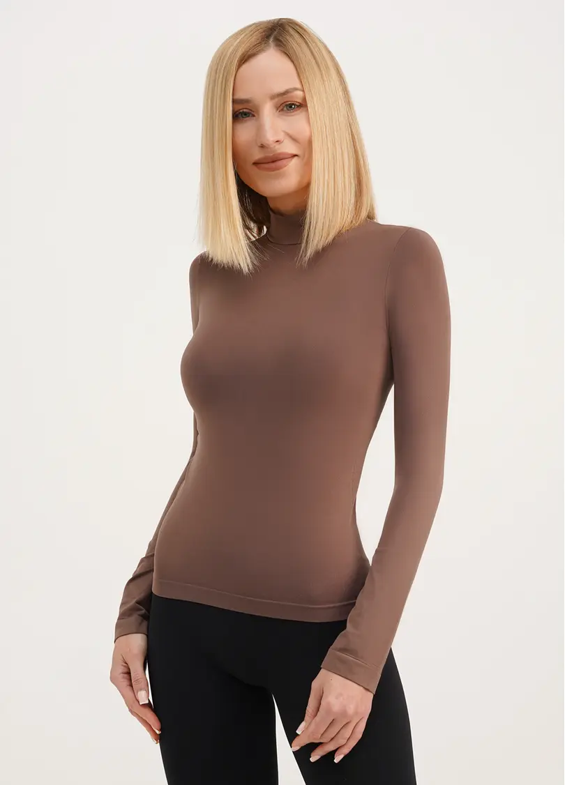 Безшовний лонгслів з низьким коміром LONG SLEEVE NECK deep taupe (коричневий)