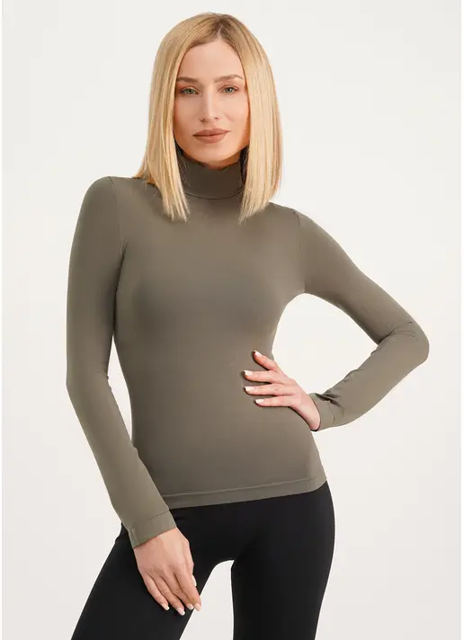Безшовний лонгслів з низьким коміром LONG SLEEVE NECK khaki (зелений) Безшовний лонгслів з низьким коміром LONG SLEEVE NECK khaki (зелений)
