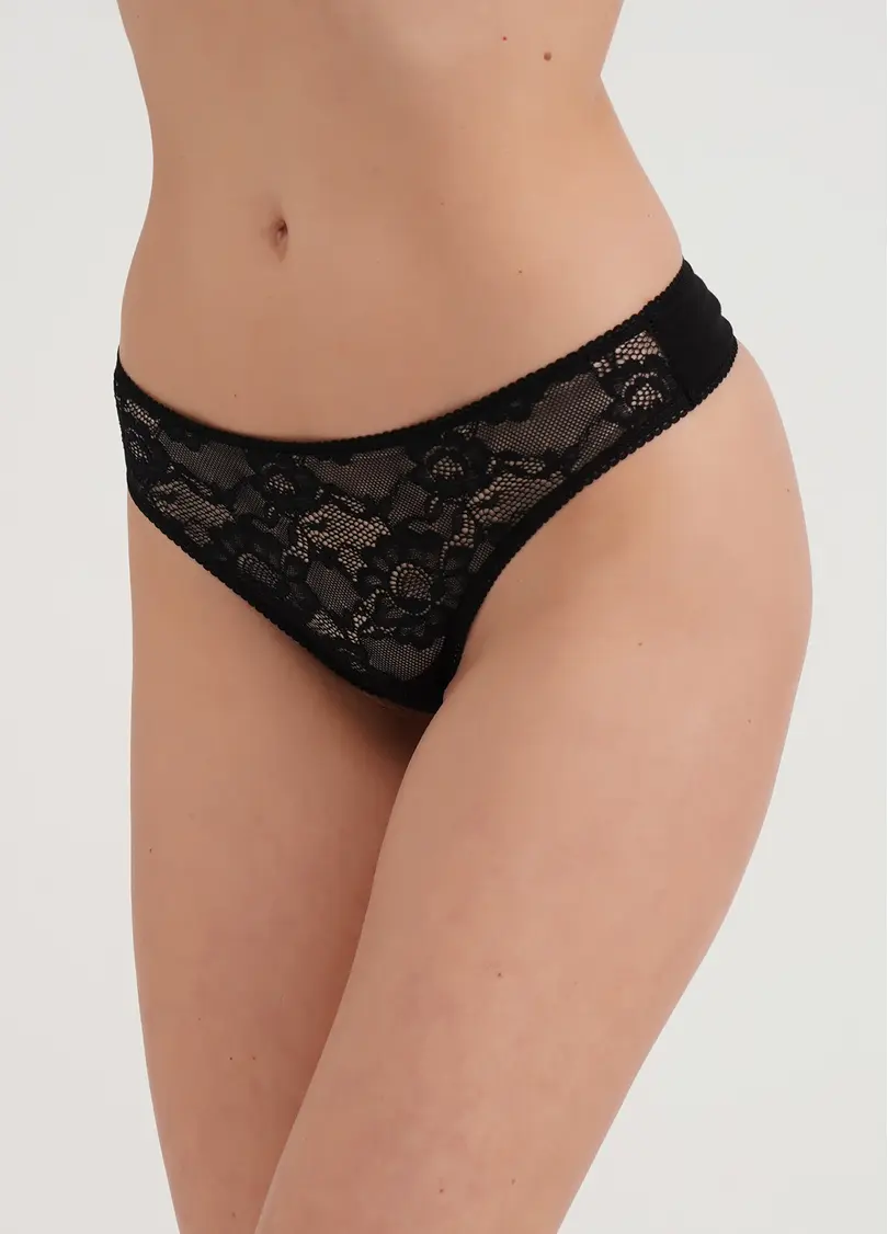 Трусики стрінги з мережива та бавовни Rosa 2102/35 black (чорний)