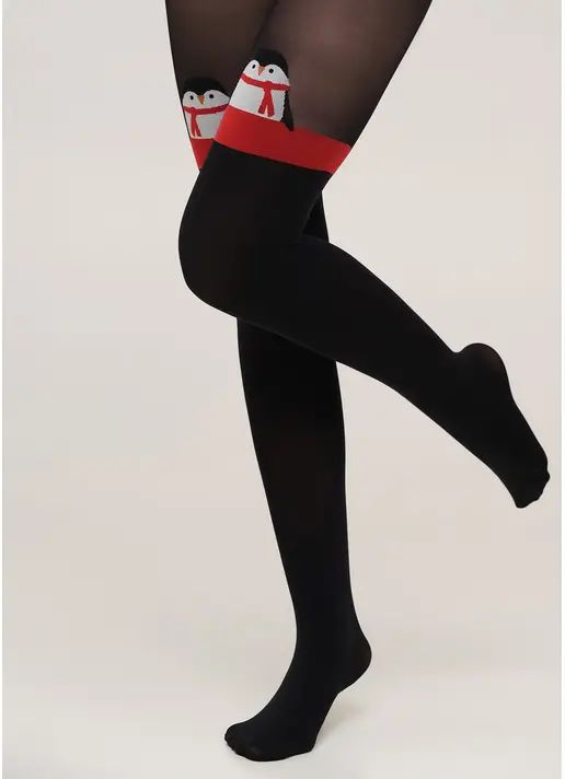 Тематичні колготки з імітацією панчіх і малюнком Пінгвін PENGUIN TIGHTS black (чорний)