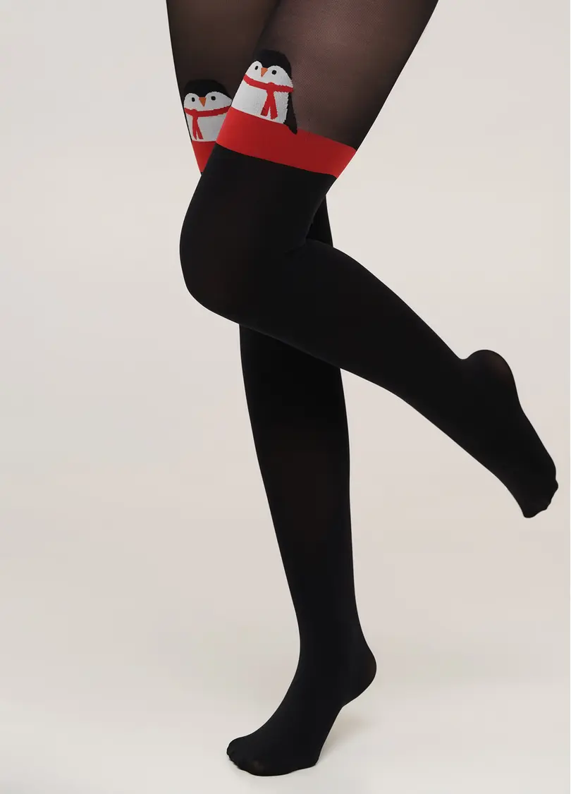 Тематичні колготки з імітацією панчіх і малюнком Пінгвін PENGUIN TIGHTS black (чорний)
