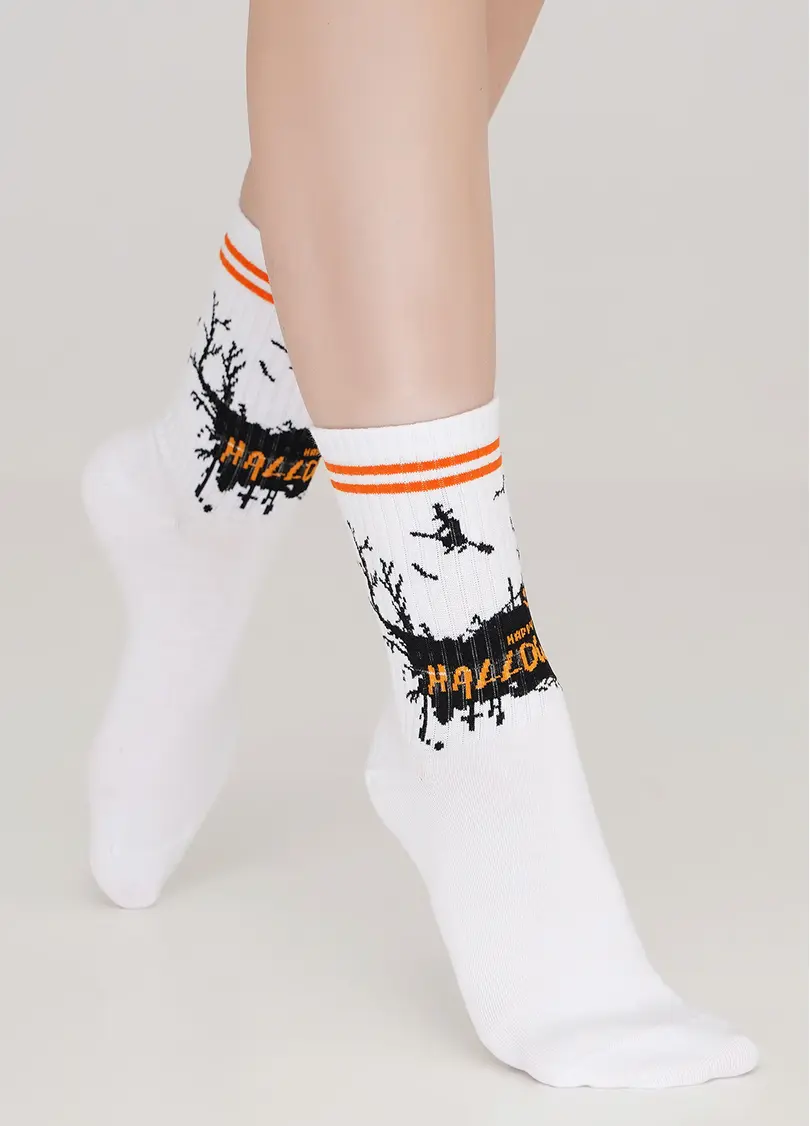 Високі шкарпетки з написом та малюнком WS3 HALLOWEEN STRONG 001 white (білий)