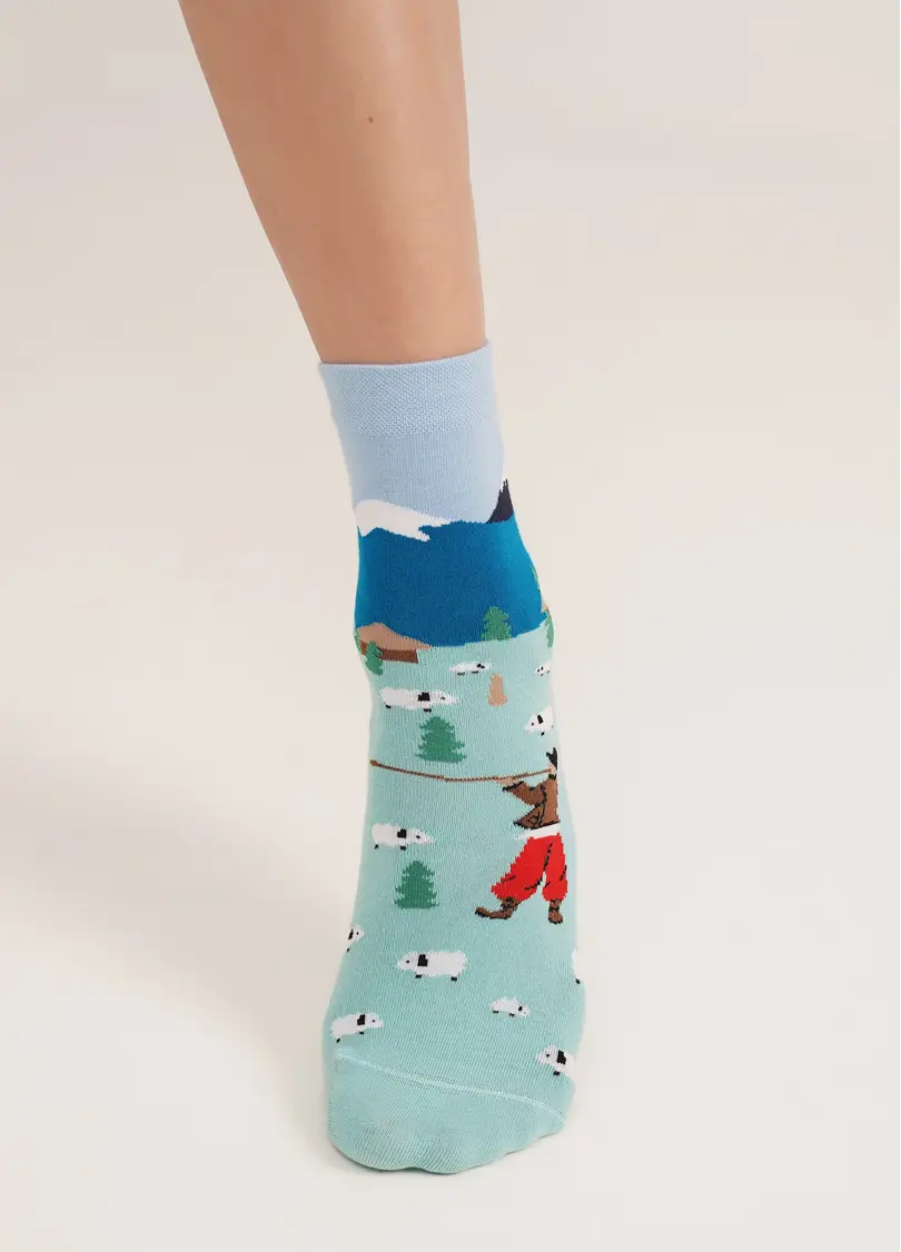 Шкарпетки з малюнком гуцула в Карпатах WS3 SOFT UKR 008 pastel turquoise (зелений)