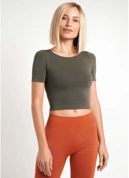 Укорочена безшовна футболка CROP T-SHIRT khaki (зелений)