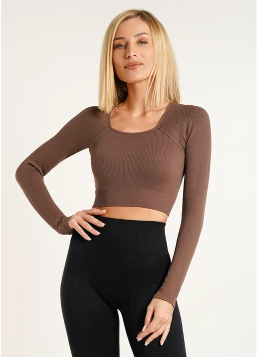 Кроп-топ лонгслів в рубчик CROP TOP RIB deep taupe (коричневий) Кроп-топ лонгслів в рубчик CROP TOP RIB deep taupe (коричневий)
