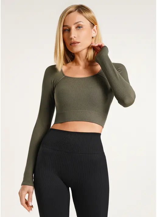 Кроп-топ лонгслів в рубчик CROP TOP RIB khaki (зелений) Кроп-топ лонгслів в рубчик CROP TOP RIB khaki (зелений)