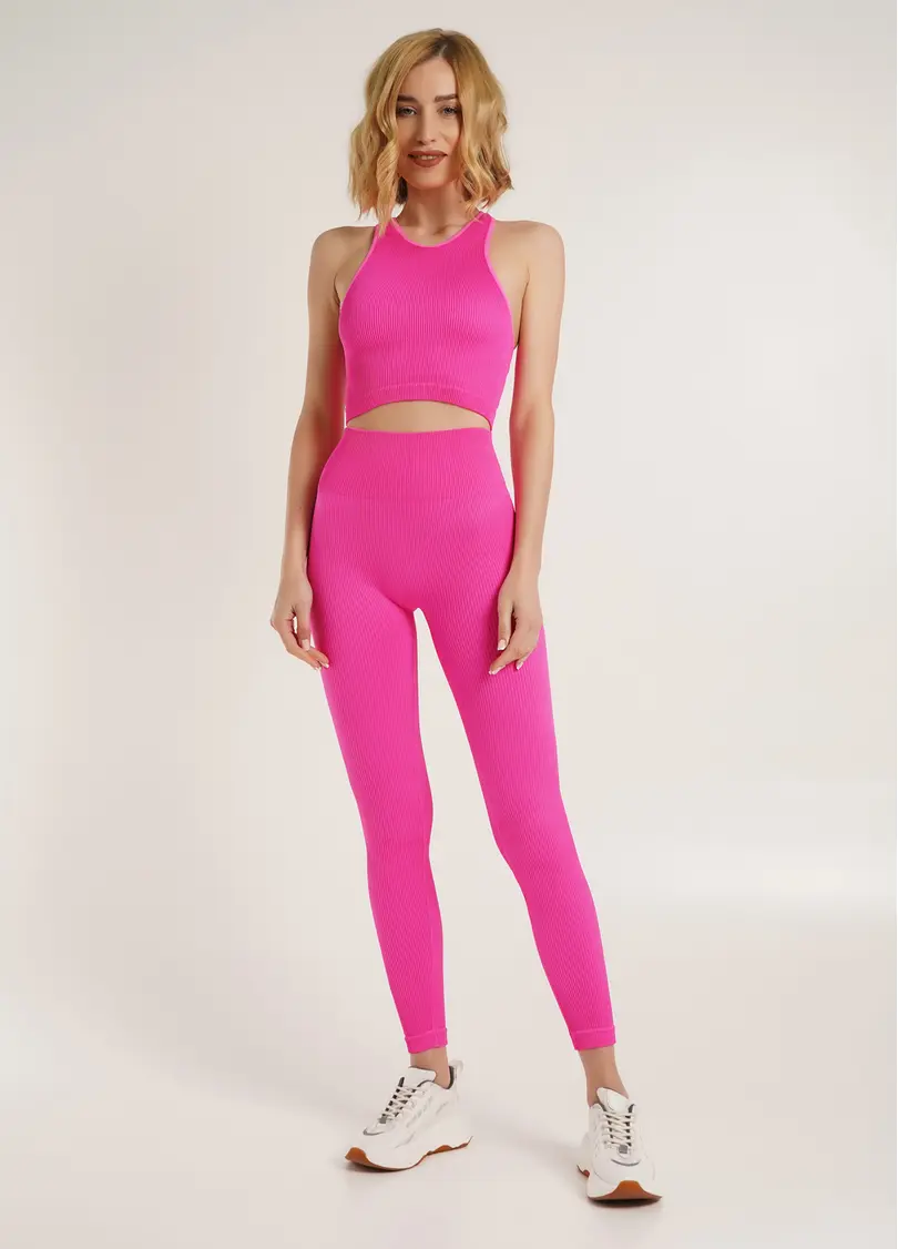 Легінси в рубчик з моделюючим швом ззаду LEGGINGS RIB pink neon (неоновий рожевий)